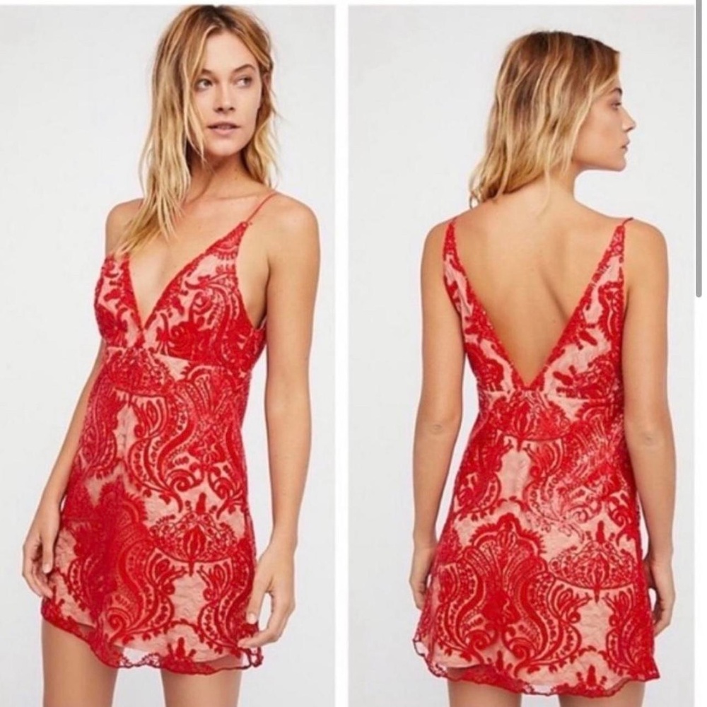 Free People Night Shimmers Red Sequin Lace Mini Dress Size 2